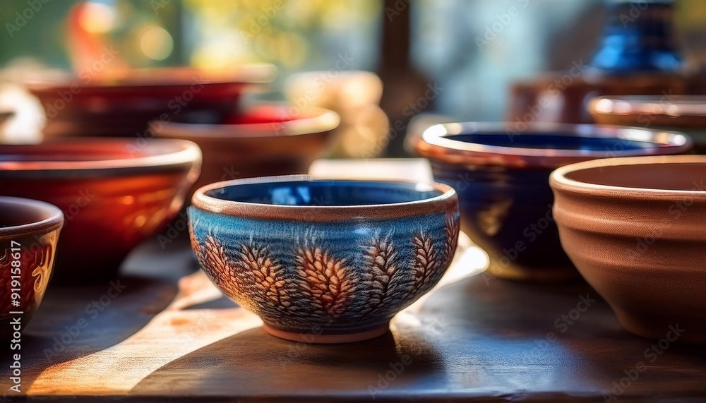 Pottery Craft: A Still Life of Handcrafted Ceramic Bowls, Hobby and Leisure Concept Pottery Craft: A Still Life of Handcrafted Ceramic Bowls, Hobby and Leisure Concept