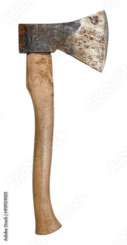 Weathered used axe with wooden handle and rusty steel blade isolated on white background