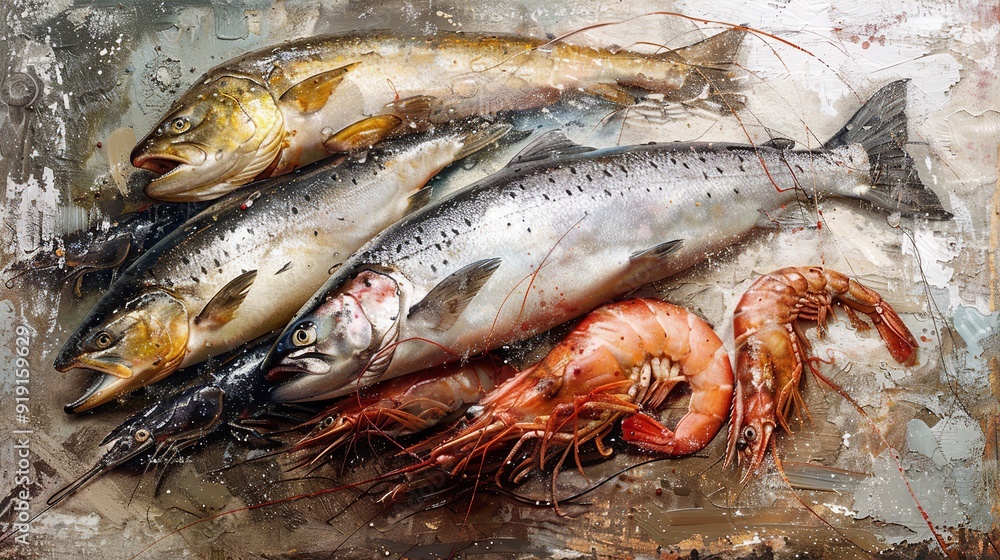 From shimmering silver salmon to plump and juicy shrimp the catch of the day offers a diverse selection. copy space for text. From shimmering silver salmon to plump and juicy shrimp the catch of the day offers a diverse selection. copy space for text.