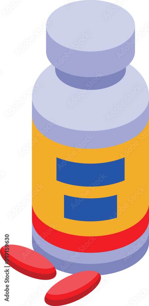 Bottle of pills is lying on its side with a few red pills spilling out Bottle of pills is lying on its side with a few red pills spilling out