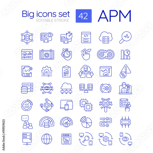 APM linear icons set. Network information technology. Content delivery. Dns servers, data storage. Customizable thin line symbols. Isolated vector outline illustrations. Editable stroke