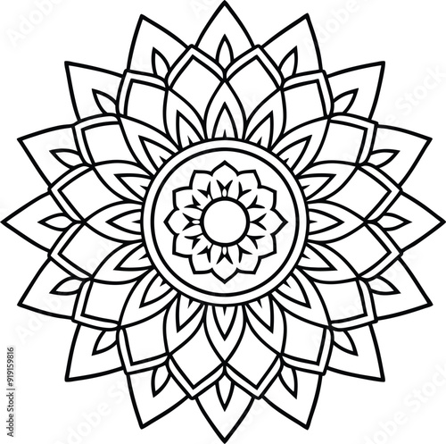 Boho Mandala Outline Art with Geometric Shapes and Floral Motifs, Black and White High Detail, Thin Line Maximalist Design