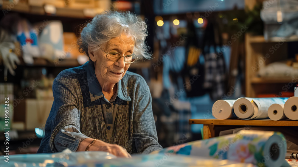 Senior saleswoman working in her shop, wrapping a gift with a smile on her face, surrounded by colorful wrapping paper Senior saleswoman working in her shop, wrapping a gift with a smile on her face, surrounded by colorful wrapping paper