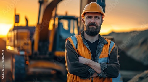 Handsome happy professional excavator driver standing in front of big excavator looking at camera at sunrise. copy space for text.