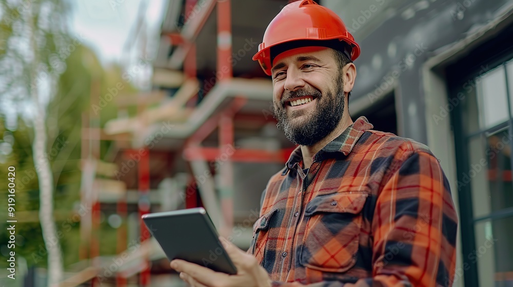 Happy construction site worker using digital tablet during home renovating process. copy space for text. Happy construction site worker using digital tablet during home renovating process. copy space for text.