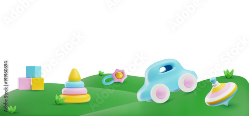 3D vector illustration of green hills in cartoon style and scattered toys.
