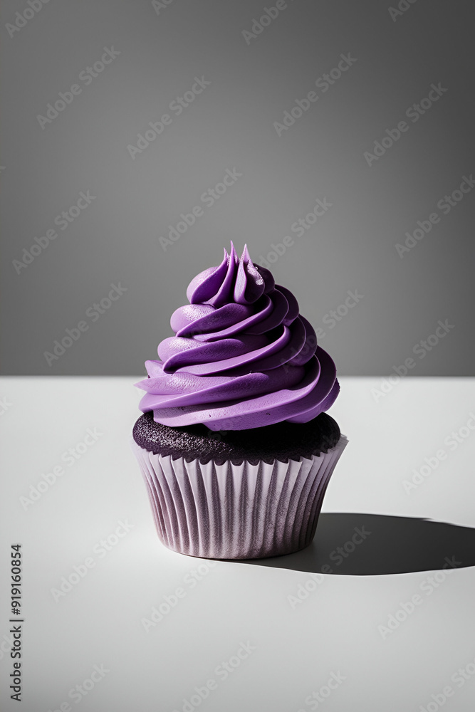 Cupcake adorned with swirls of glossy purple frosting crowning its peak, set against a monochromatic background Cupcake adorned with swirls of glossy purple frosting crowning its peak, set against a monochromatic background