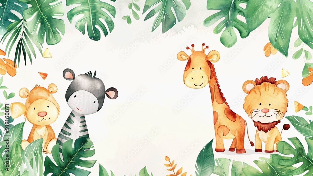 Naklejka premium Cartoon Watercolour Animal Illustration Background