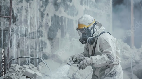 industrial worker handling asbestos without protective gear, symbolizing occupational hazards in industries contributing to mesothelioma. copy space for text. photo