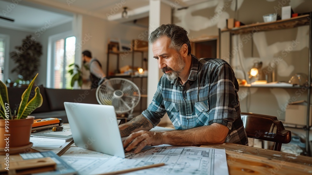 Mid adult man and construction worker using laptop while analyzing blueprints at renovating home. copy space for text. Mid adult man and construction worker using laptop while analyzing blueprints at renovating home. copy space for text.