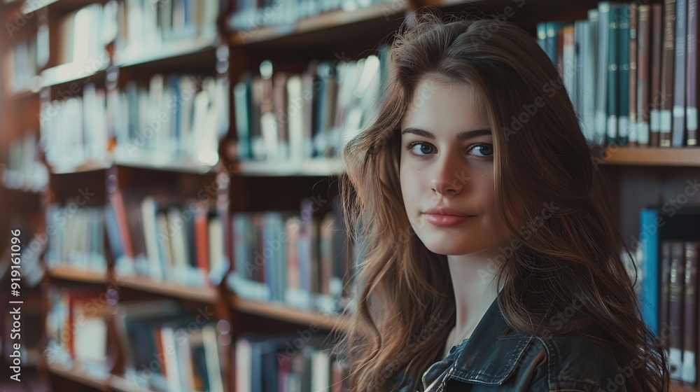 Portrait of beautiful student in library looking at camera. copy space for text. Portrait of beautiful student in library looking at camera. copy space for text.