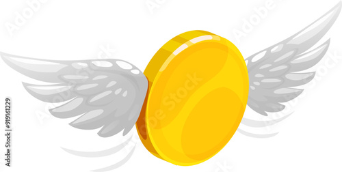 3d golden money coin with wings. Isolated vector gold flying currency with shiny, glossy surface, signify financial growth, success, cash and finance freedom. Yellow winged golden coin soar in the air