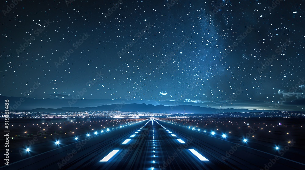 Obraz premium The glow of runway lights guiding planes towards the sky creating a mesmerizing contrast against the vast blanket of stars above. copy space for text.