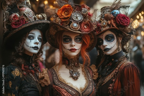 diverse group of costumed revelers at a steampunk halloween masquerade ball ornate clockwork decorations floating ghost holograms eerie victorianinspired setting