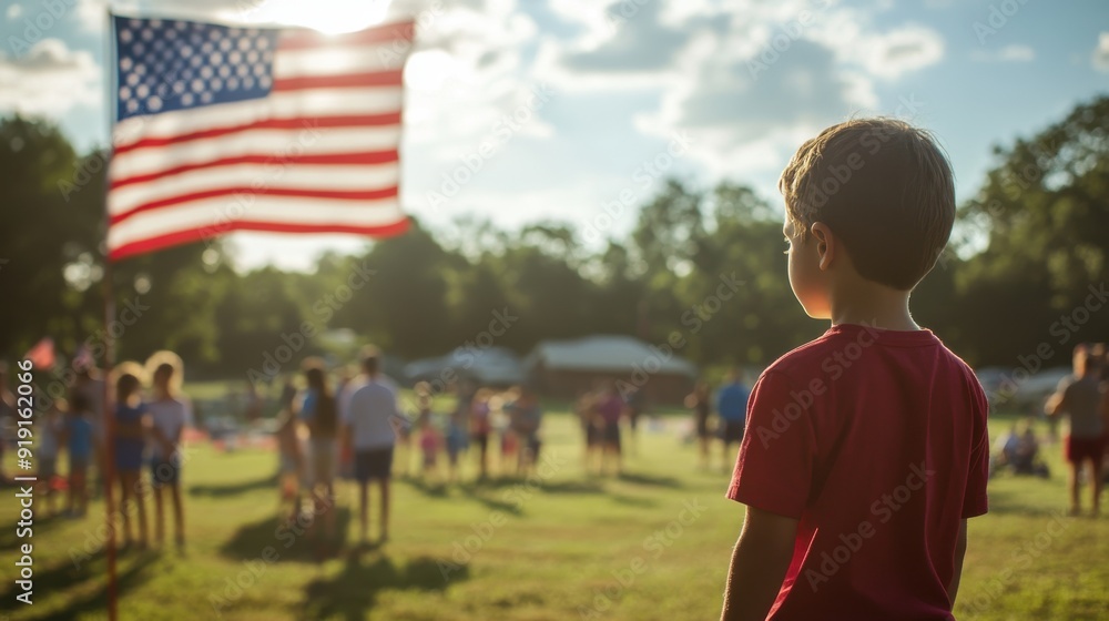 Naklejka premium A community event with families participating in outdoor activities, the American flag flying proudly, and a sense of unity