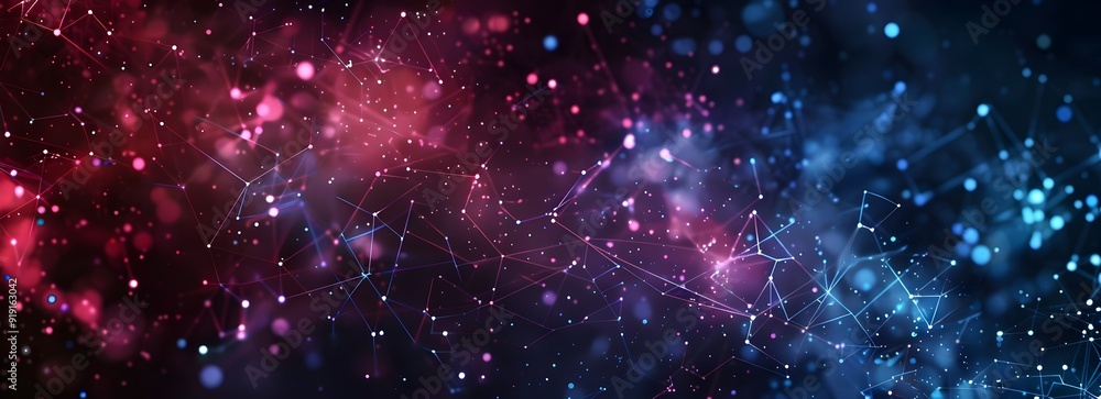 Abstract background with dark blue and pink glowing dots connected by lines, forming an abstract geometric pattern on the right side of the screen. The composition is symmetrical, creating a futuristi Abstract background with dark blue and pink glowing dots connected by lines, forming an abstract geometric pattern on the right side of the screen. The composition is symmetrical, creating a futuristi