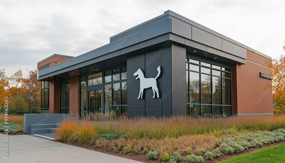 Modern veterinary hospital building exterior with dog sign and landscaping Modern veterinary hospital building exterior with dog sign and landscaping