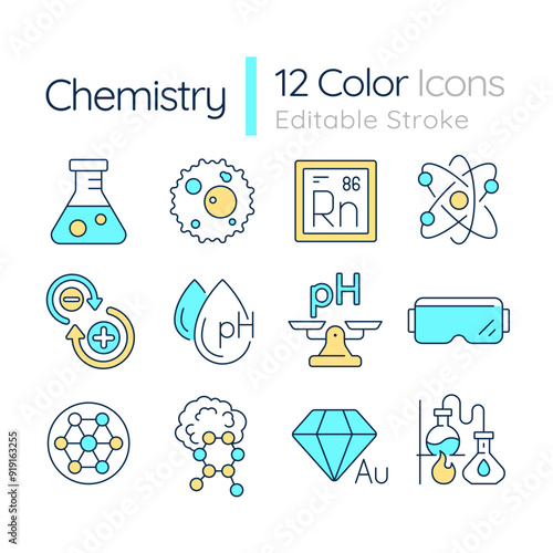 Chemistry RGB color icons set. School subject. Laboratory equipment. Chemical bond and reaction. Isolated vector illustrations. Simple filled line drawings collection. Editable stroke