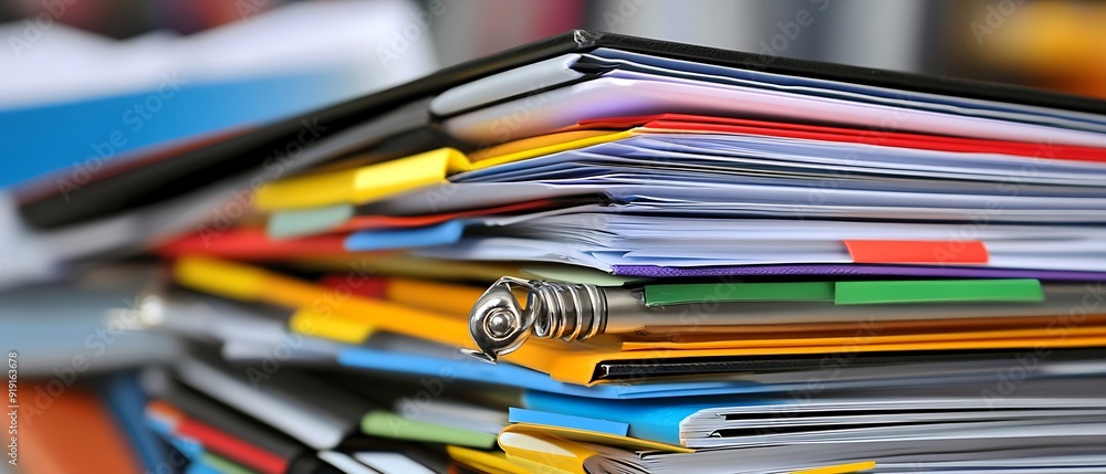 Chaotic stack of books, notebooks, and documents, vibrant textures representing information overload Chaotic stack of books, notebooks, and documents, vibrant textures representing information overload