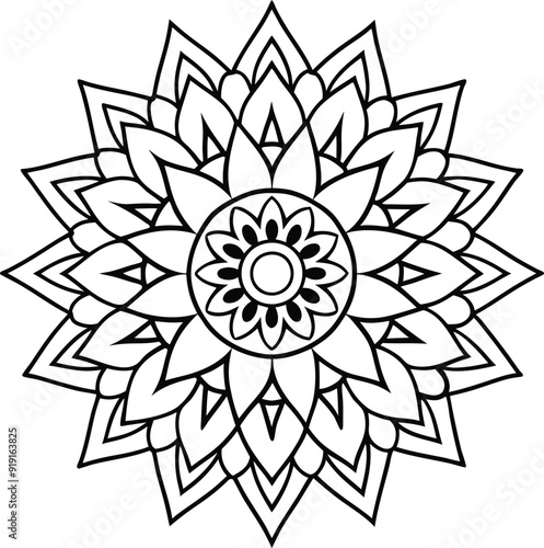 Boho Mandala Outline Art with Geometric Shapes and Floral Motifs, Black and White High Detail, Thin Line Maximalist Design