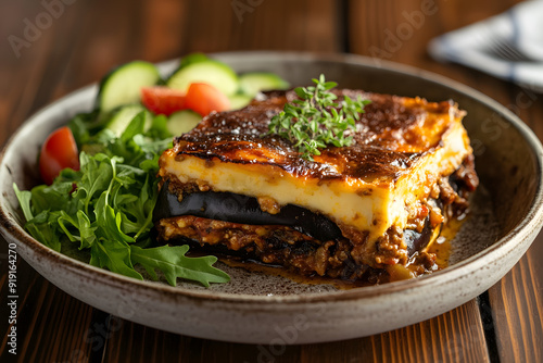 Golden baked moussaka with lamb and eggplant. Cozy Greek kitchen setting with salad and rustic decor. photo