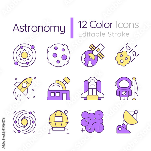 Astronomy RGB color icons set. School subject. Natural science. Cosmos and universe. Academic discipline. Isolated vector illustrations. Simple filled line drawings collection. Editable stroke