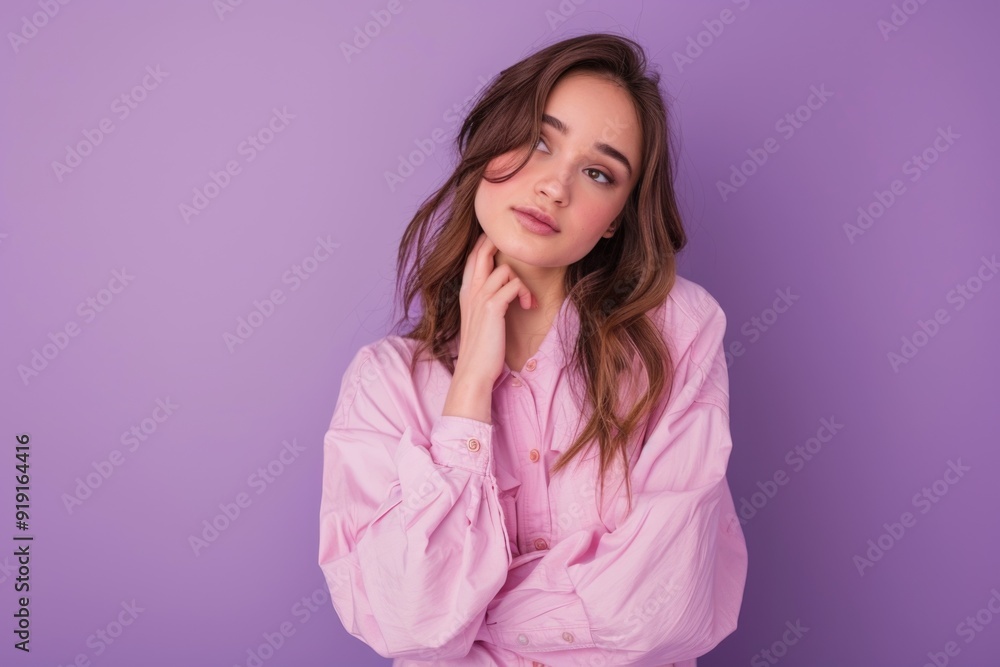 A woman poses in a pink robe, ready for her close-up A woman poses in a pink robe, ready for her close-up