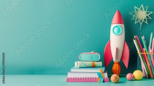 Colorful School Supplies with Rocket and Star Decoration photo