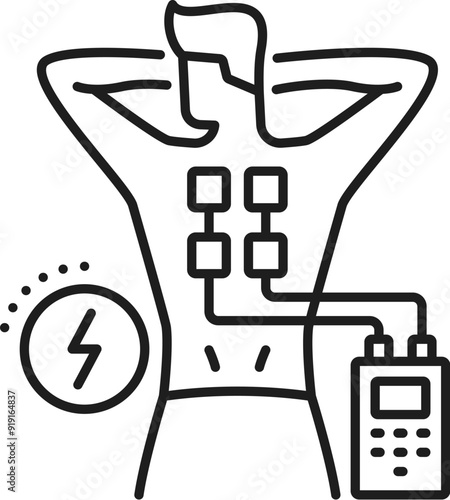 Chiropractic medicine line icon of electrical muscle stimulation for medical treatment, vector symbol. Chiropractic spine back therapy and chiropractor therapy with electrical muscle stimulation