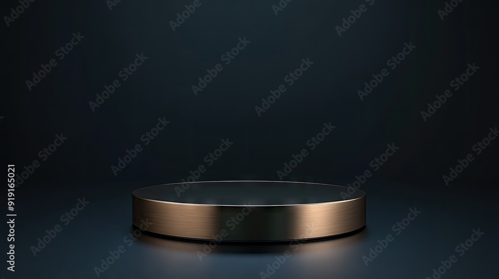 A round podium with a metallic finish on a dark background, perfect for high-tech or luxury product displays. A round podium with a metallic finish on a dark background, perfect for high-tech or luxury product displays.