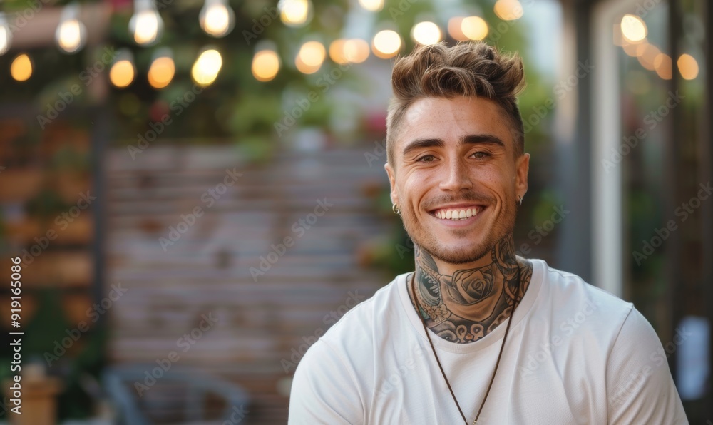 Smiling tattooed young man in casual clothing. Smiling tattooed young man in casual clothing.