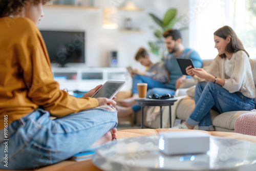 Family Using Multiple Devices Connected to Smart Power Strip in Stylish Modern Living Room