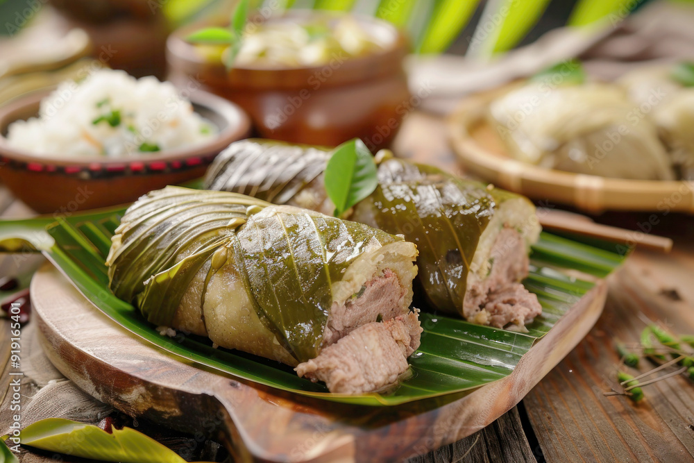 Tongan Lu Sipi Lamb Wrapped in Taro Leaves Cooked in Coconut Milk Served with Steamed Taro on Rustic Wooden Board with Traditional Decorations, Bright Diffused Light Enhancing Textures Tongan Lu Sipi Lamb Wrapped in Taro Leaves Cooked in Coconut Milk Served with Steamed Taro on Rustic Wooden Board with Traditional Decorations, Bright Diffused Light Enhancing Textures