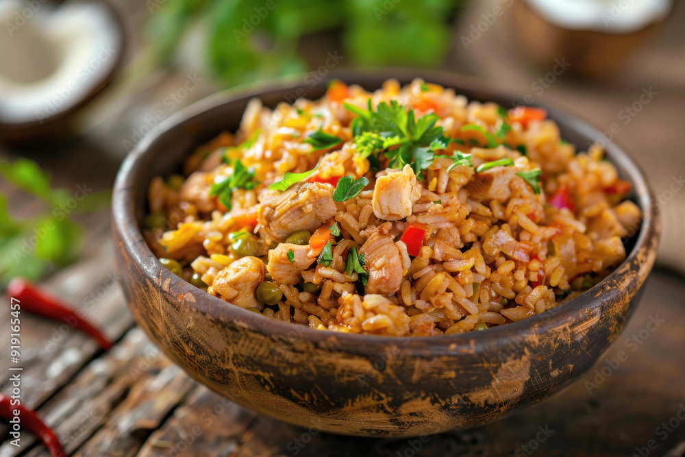 Trinidadian Pelau Rice and Peas Dish Cooked with Chicken, Coconut Milk, and Spices Garnished with Fresh Herbs in Rustic Bowl with Traditional Caribbean Elements in Background Trinidadian Pelau Rice and Peas Dish Cooked with Chicken, Coconut Milk, and Spices Garnished with Fresh Herbs in Rustic Bowl with Traditional Caribbean Elements in Background