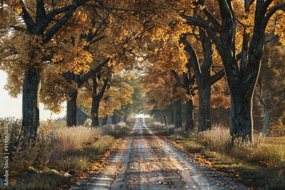 Fototapeta premium A rural landscape with a winding dirt road flanked by dense vegetation