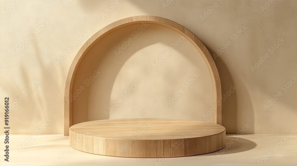 A round podium with a wooden finish on a neutral background, perfect for natural and organic product displays. A round podium with a wooden finish on a neutral background, perfect for natural and organic product displays.