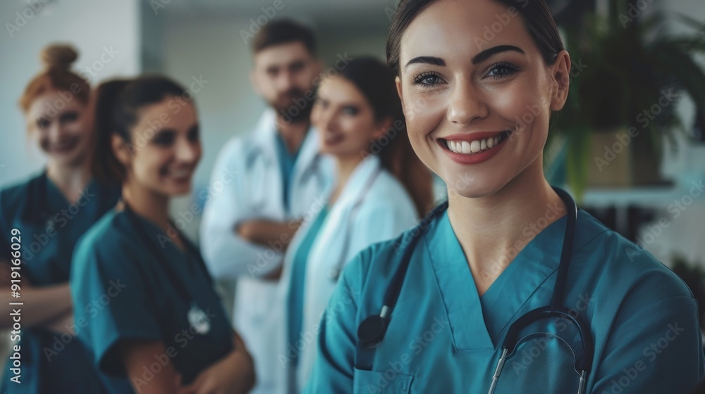 A group of smiling doctors in blue scrubs A group of smiling doctors in blue scrubs