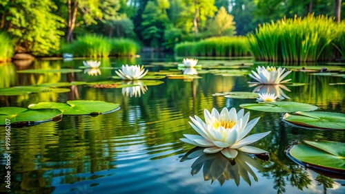 Serene pond scene featuring lush green lily pads and delicate white blooms floating on the calm water's surface, surrounded by vibrant foliage and subtle ripples. photo