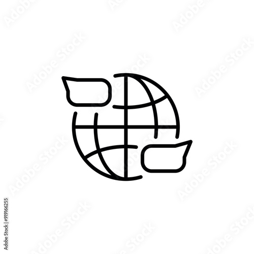 Global chat icon. A minimal vector illustration featuring a globe with two chat bubbles. Ideal for use in apps, websites, or any digital platform focused on global communication. Vector illustration photo