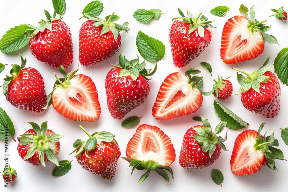 Strawberry and half slices suspended in the air with green leaves isolated on white background. Generative AI