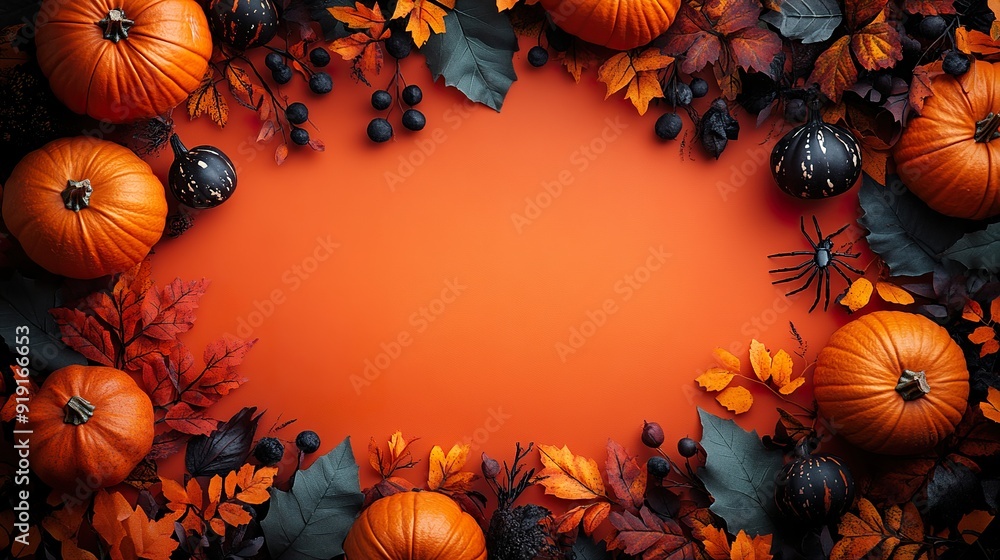 Bright Orange Halloween Template Featuring Pumpkins and Decorative Elements