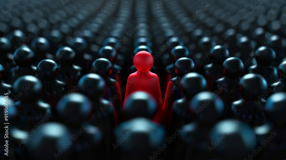 Fototapeta premium Single red figure stands out from the crowd of black ones, a powerful metaphor of leadership, uniqueness and individuality.
