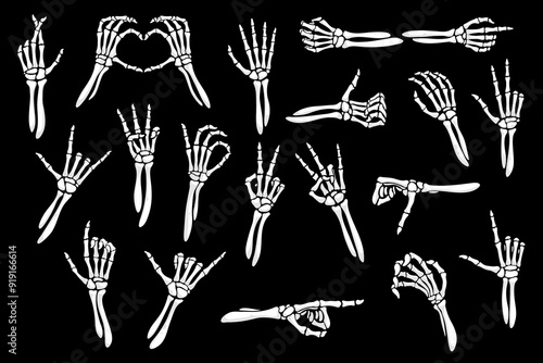 Skeleton hand gesture icons, finger bones with peace sign and love heart, vector Halloween holiday silhouettes. Human skeleton hand gestures of rock, OK or thumb up, pointing finger and victory V sign