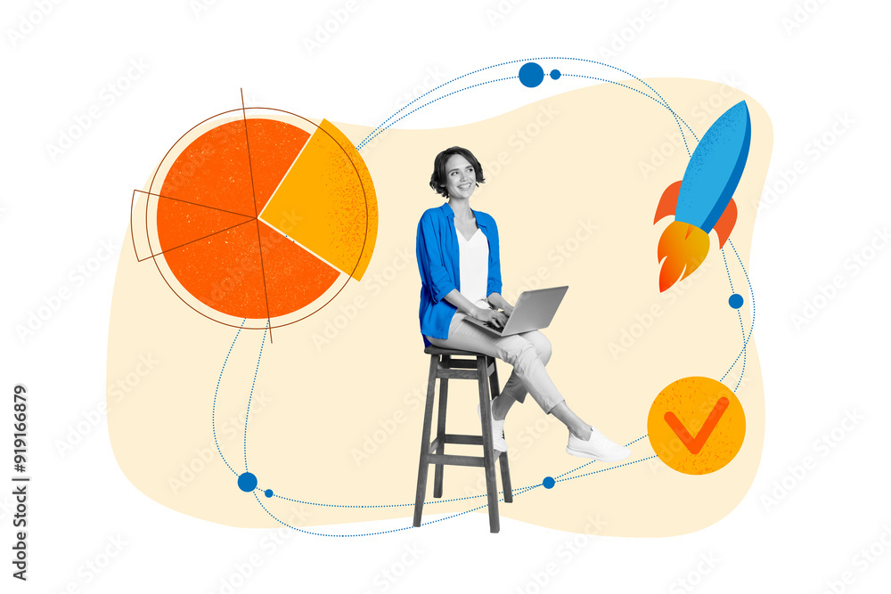 © deagreez - 3d retro abstract creative artwork template collage of happy young businesswoman sitting chair data success statistics rocket fly start up © deagreez - 3d retro abstract creative artwork template collage of happy young businesswoman sitting chair data success statistics rocket fly start up