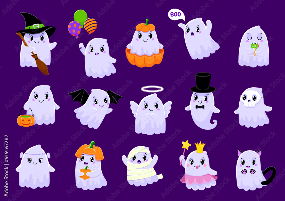 Cartoon cute Halloween kawaii ghost characters for horror holiday, vector funny boo. Halloween ghost with pumpkin, devil cat or witch and spooky princess, mummy and vampire bat costume with skull mask Cartoon cute Halloween kawaii ghost characters for horror holiday, vector funny boo. Halloween ghost with pumpkin, devil cat or witch and spooky princess, mummy and vampire bat costume with skull mask