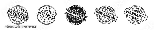 Product stamp, best seller, patented grunge vector set.