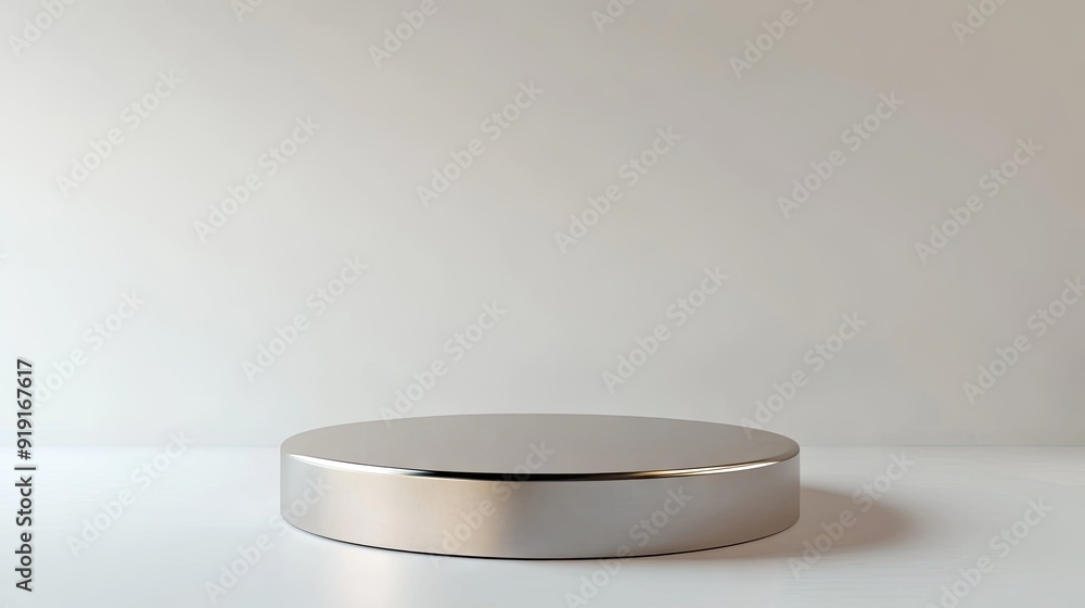 A sleek round podium with a metallic finish on a clean white background, ideal for tech product displays. A sleek round podium with a metallic finish on a clean white background, ideal for tech product displays.