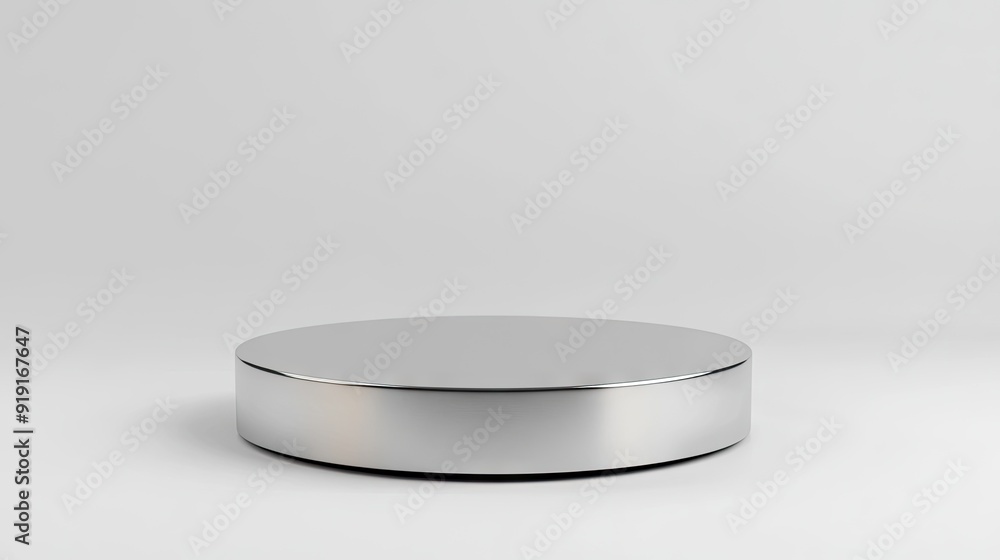 A sleek round podium with a metallic finish on a clean white background, ideal for tech product displays. A sleek round podium with a metallic finish on a clean white background, ideal for tech product displays.