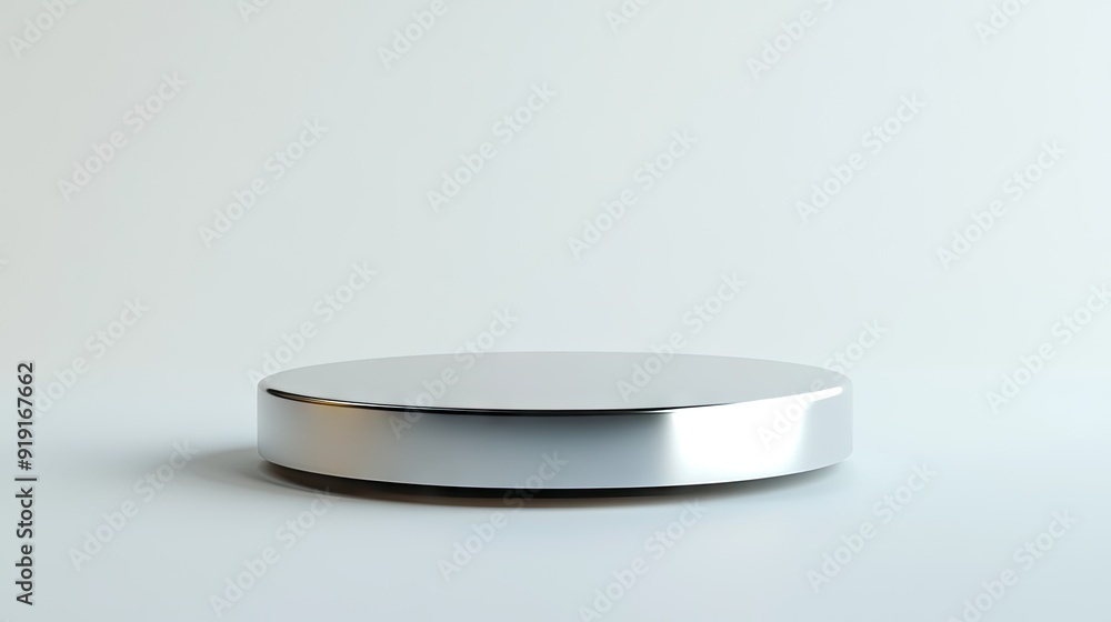 A sleek round podium with a metallic finish on a clean white background, ideal for tech product displays. A sleek round podium with a metallic finish on a clean white background, ideal for tech product displays.
