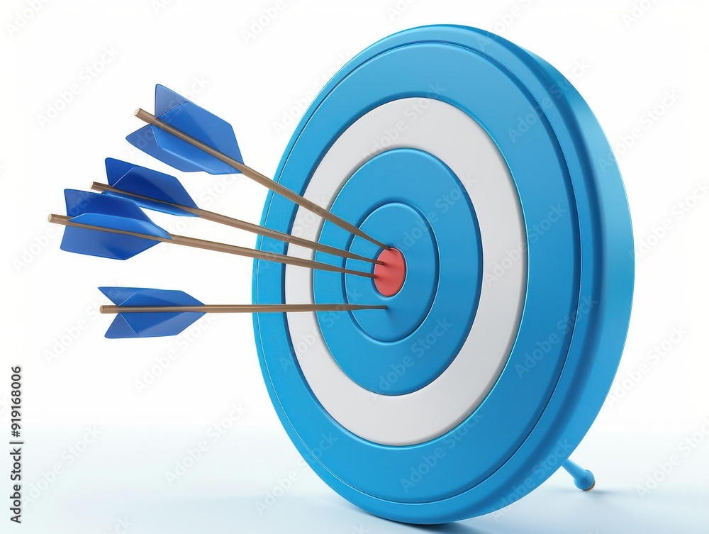 3D render of blue target with three arrows hitting center, side view, white background 3D render of blue target with three arrows hitting center, side view, white background